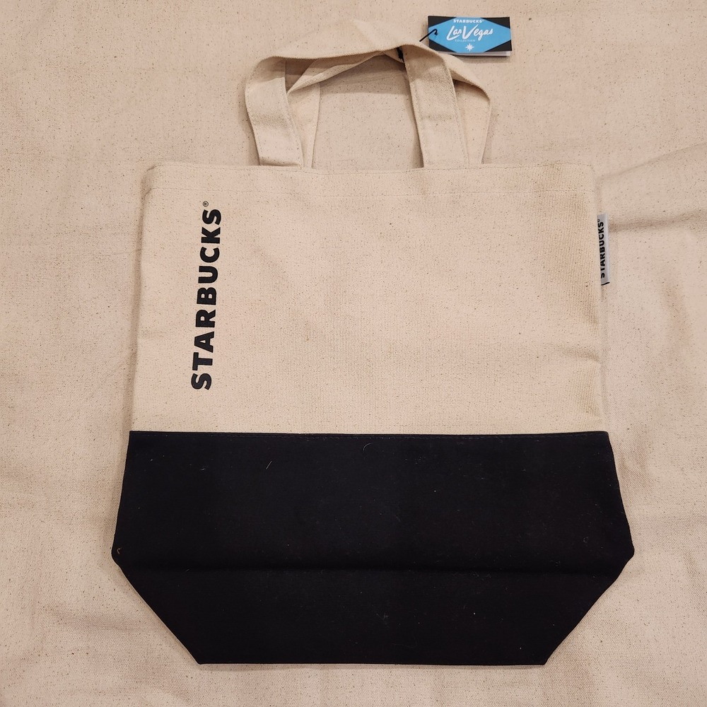 New Starbucks Graphic Canvas Tote Bag Rare Travel Coffee Beige Las Vegas Black